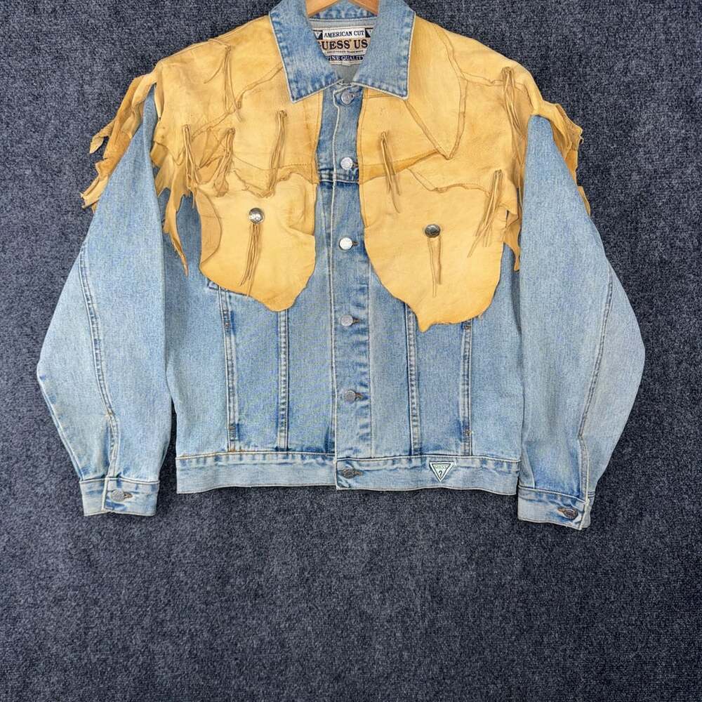 Vintage GUESS USA Georges Marciano Denim Jacket Leather Fringe Western S 80s